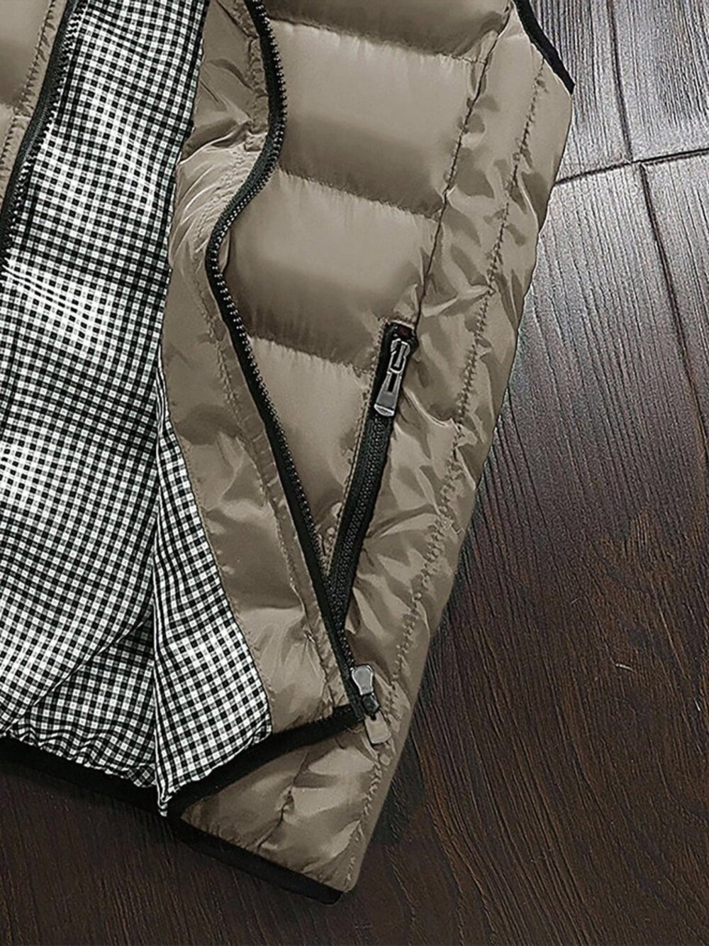 Khaki Regular Fit Men's Letter Drawstring Zipper Lined Sleeveless Vest - Picture 6 of 6